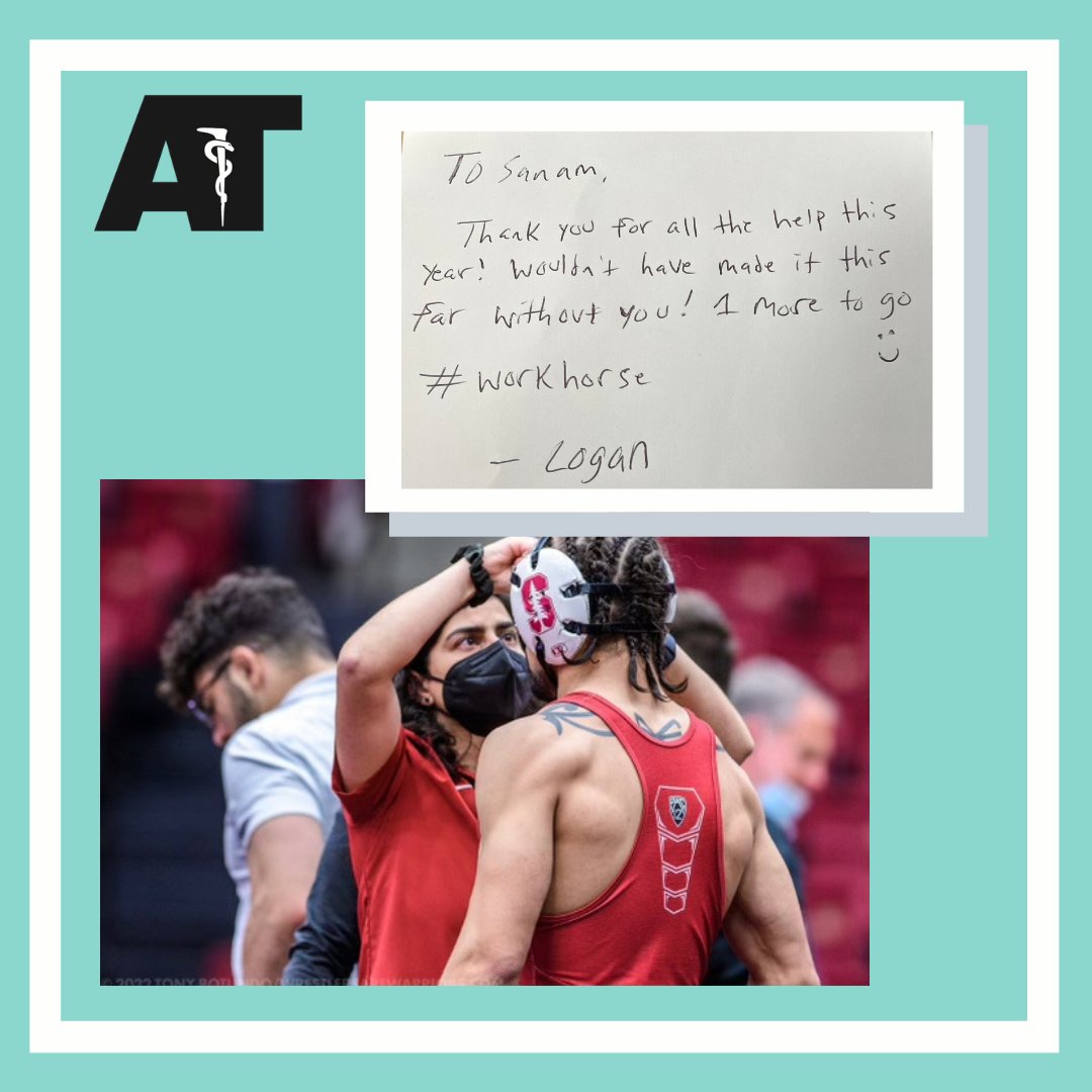 SU_SportsMed's tweet photo. Thank you for the large role you play in the health and well-being of our Wrestling and Men’s Water Polo teams, Sanam! Happy National Athletic Training Month to you! 🤓 🌲 #NATM #NATA #CATA #FWATA #CAATE #GoStanford https://t.co/qMEYhDTGsW