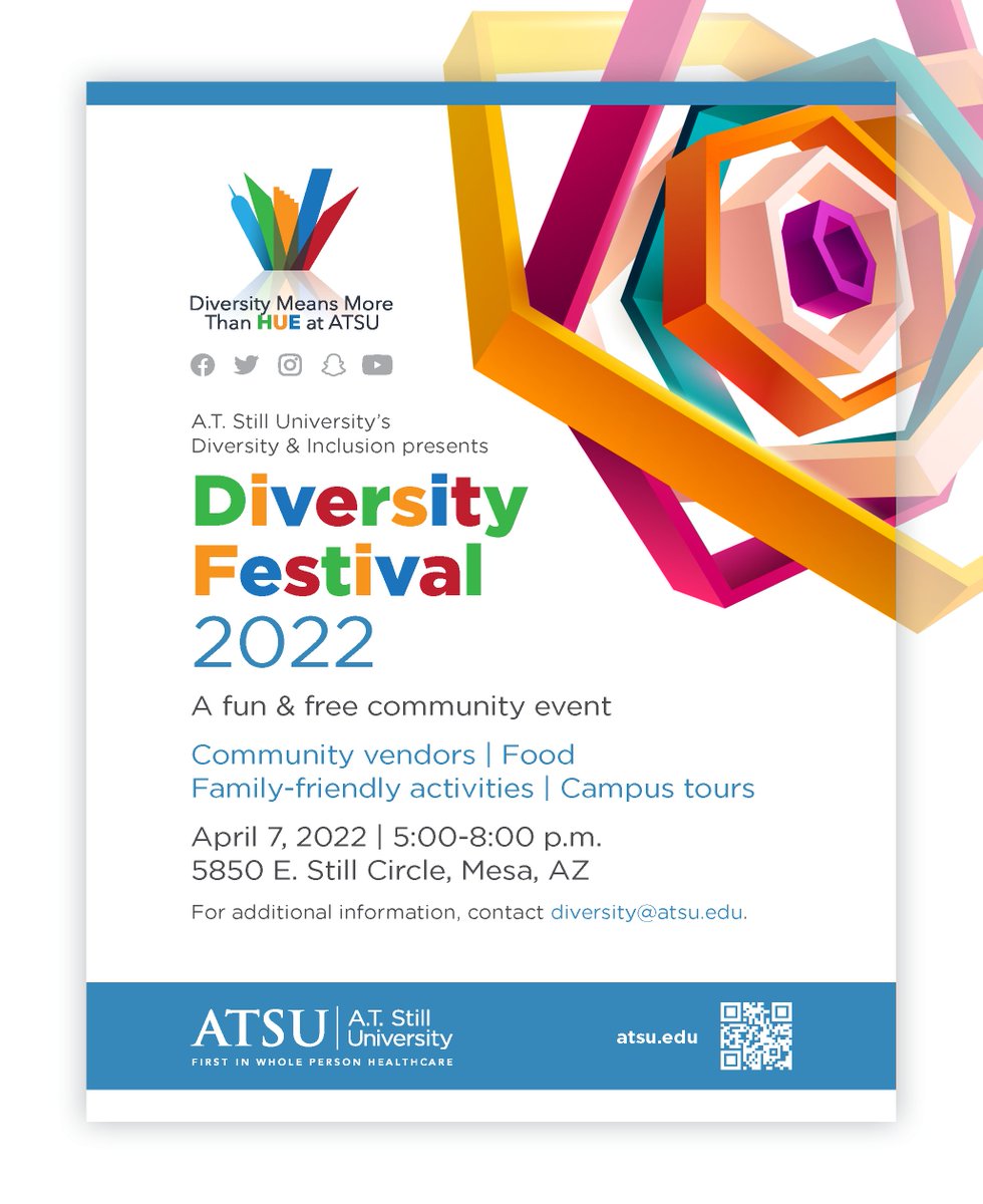 ATSUDiversity's tweet photo. Mark your calendars for our 2022 Diversity Festival! This annual event will take place on April 7, from 5-8 p.m. on our Mesa campus. You will enjoy free games, activities, entertainment, food, and much more! This is an event for all ages!
#ATSUDI #Diversityfestival https://t.co/bIP65g6nQu