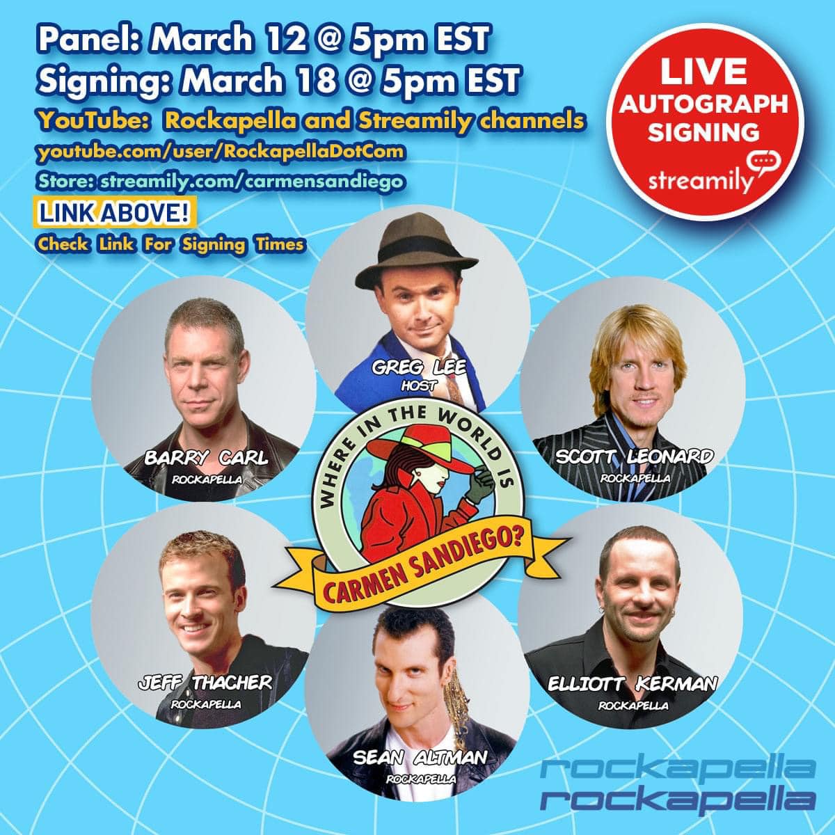 Gumshoes! The Carmen Sandiego '90s cast will be streaming a reunion and Q&amp;A LIVE TOMORROW, SATURDAY  3/12 at 5pm ET on the Rockapella &amp; Streamily YouTube channels! Come join the hang!  Email questions now via hangout@rockapella.com  #acappella #autograph #carmensandiego