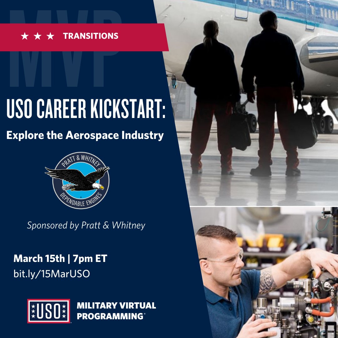 Not sure which career path might be right for you? Join the USO & Pratt & Whitney on March 15th at 7pm ET to learn about the many employment opportunities within the aerospace industry. Register: fal.cn/3mSvo #usotransitions