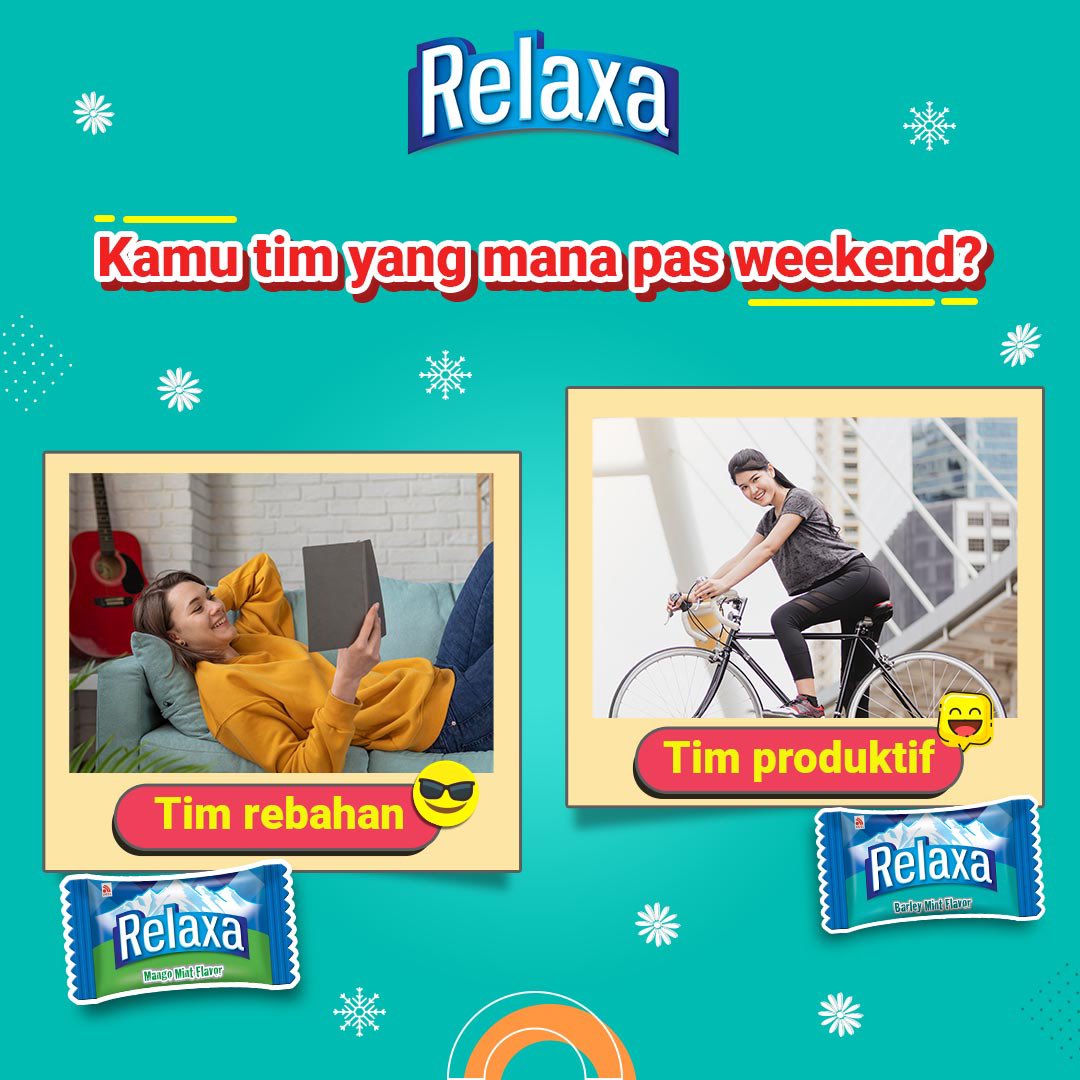 RelaxaID's tweet photo. Happy weekend guys. Nah, pas weekend kalian ini tim yang mana sih? Tim rebahan / tim produktif? Yuk, share dikolom komentar
#relaxa #permenwangi #penyegarmulut #fresh #wangi #segar #weekend #timrebahan #timproduktif https://t.co/dIeqmOsRvW