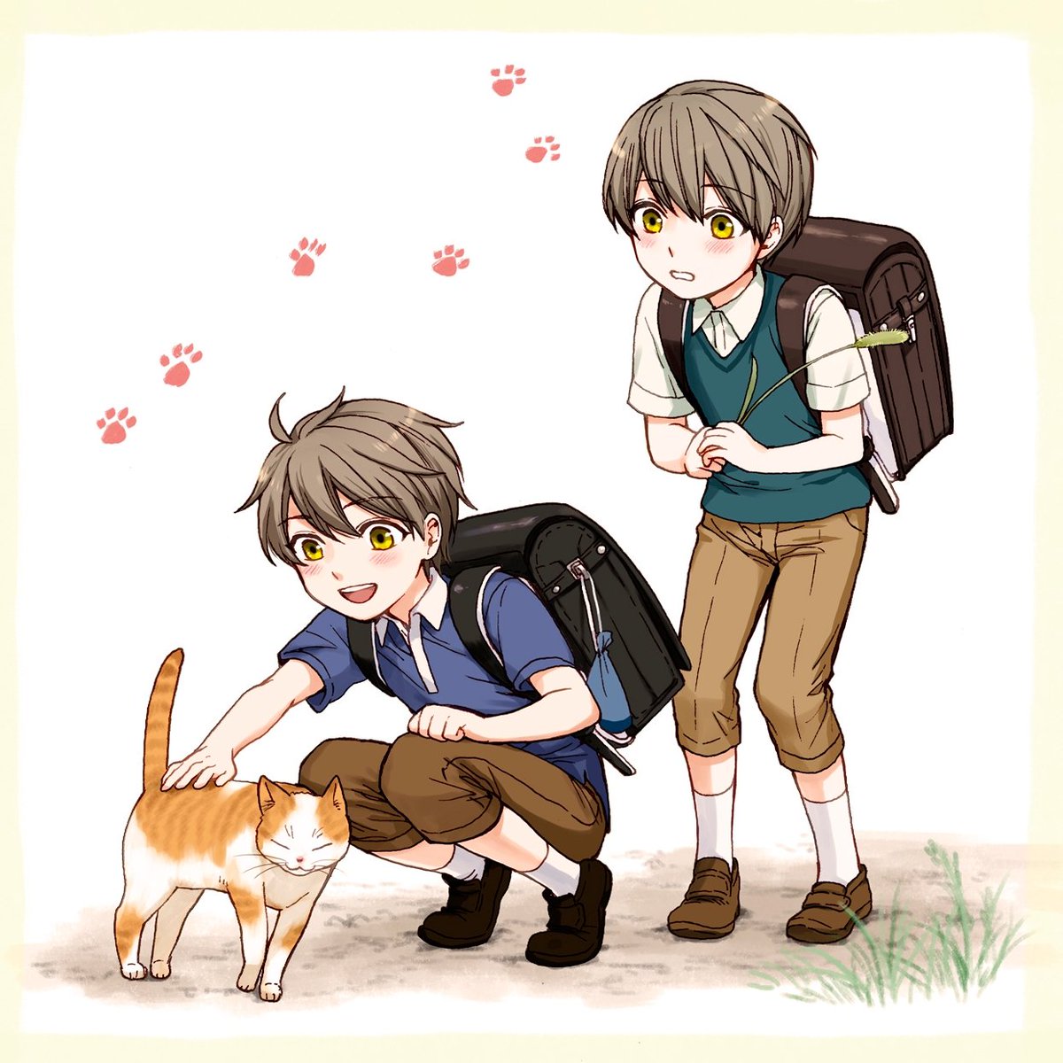 backpack cat bag 2boys male focus brown pants multiple boys  illustration images