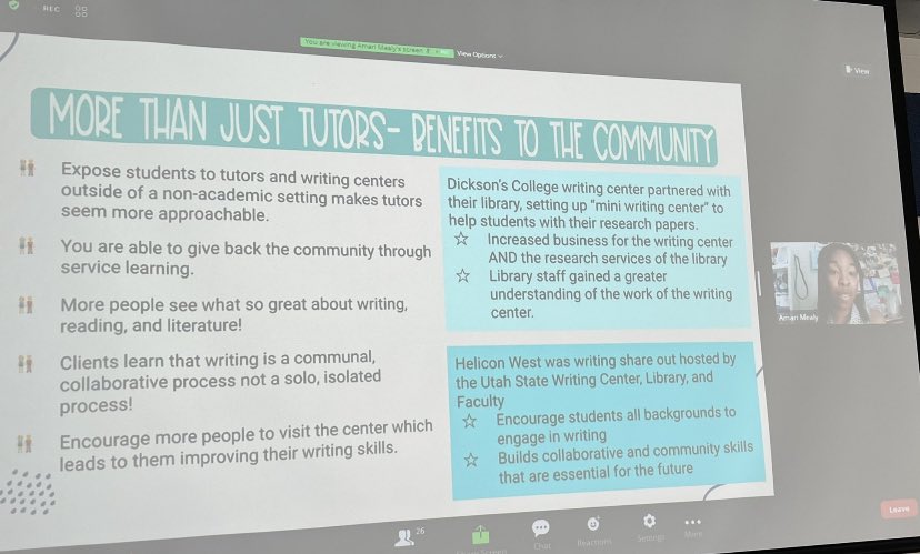 HSWritingCenter's tweet image. Shoutout to our amazing tutor, Amari, for her amazing presentation @SSWCA today! Excellent job! #sswca2022