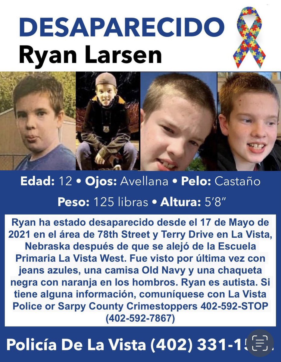 BoyMom_BeachGaL's tweet photo. Where is #RyanLarsen? 11-12 yr olds w/Autism donβt just disappear! I saw old home videos of him online & cried. π#SeeSomethingSaySomething #FindRyanLarsen #Nebraska
@CoffindafferFBI
@lavistapolice
@SarpyCountyGov
@lmmeridith
@WhitSich
@RepDonBacon
@SenatorFischer
@MBandurKETV https://t.co/a5p132CmQy