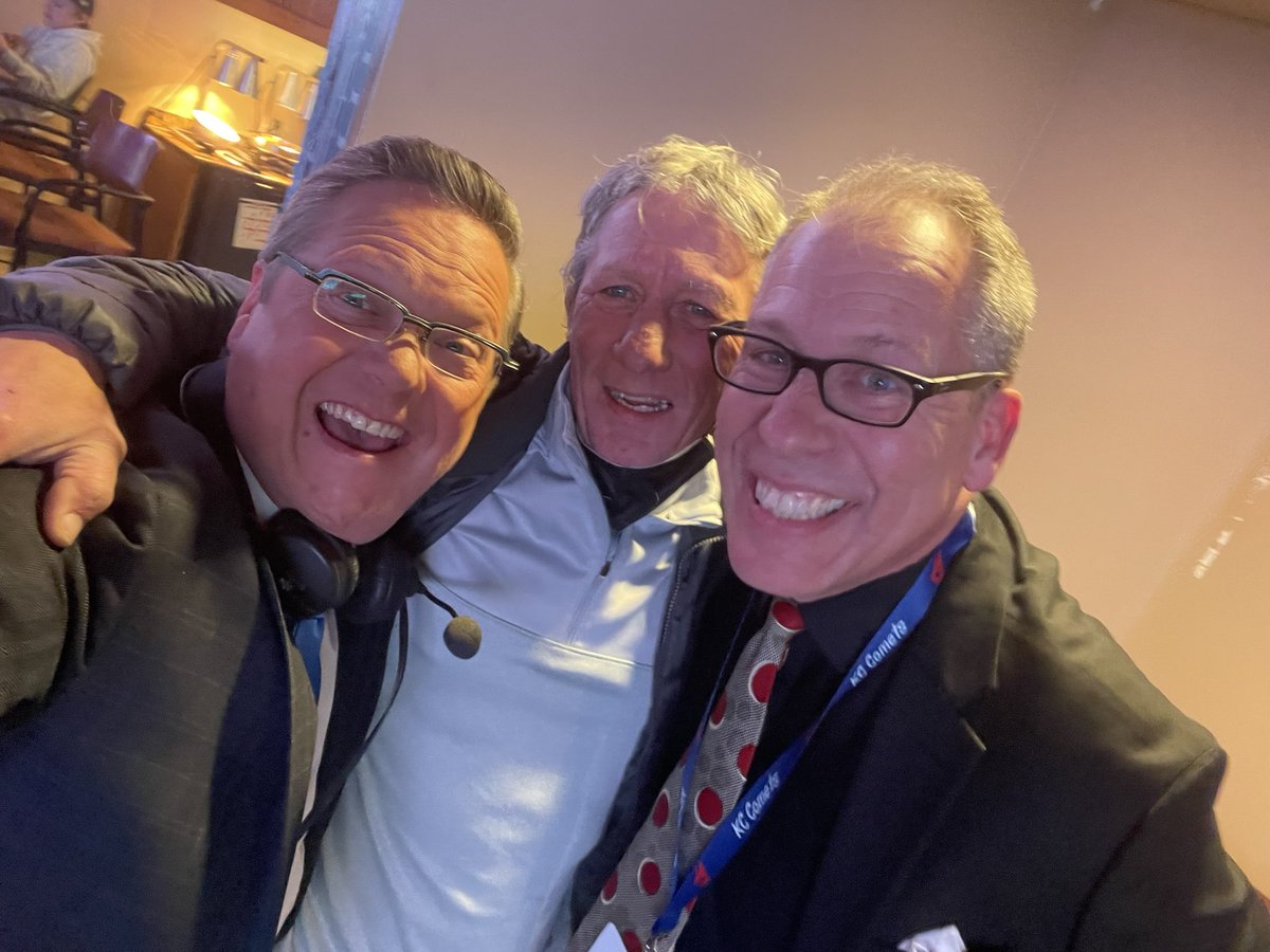 NickVasos's tweet photo. A legend and Indoor Hall of Famer Kim Roentved stopped by the booth. Hilarity ensued. @erikbergrud @MASLarena @KCComets @MilwaukeeWave #MASLtv. https://t.co/Y98Ovlez28