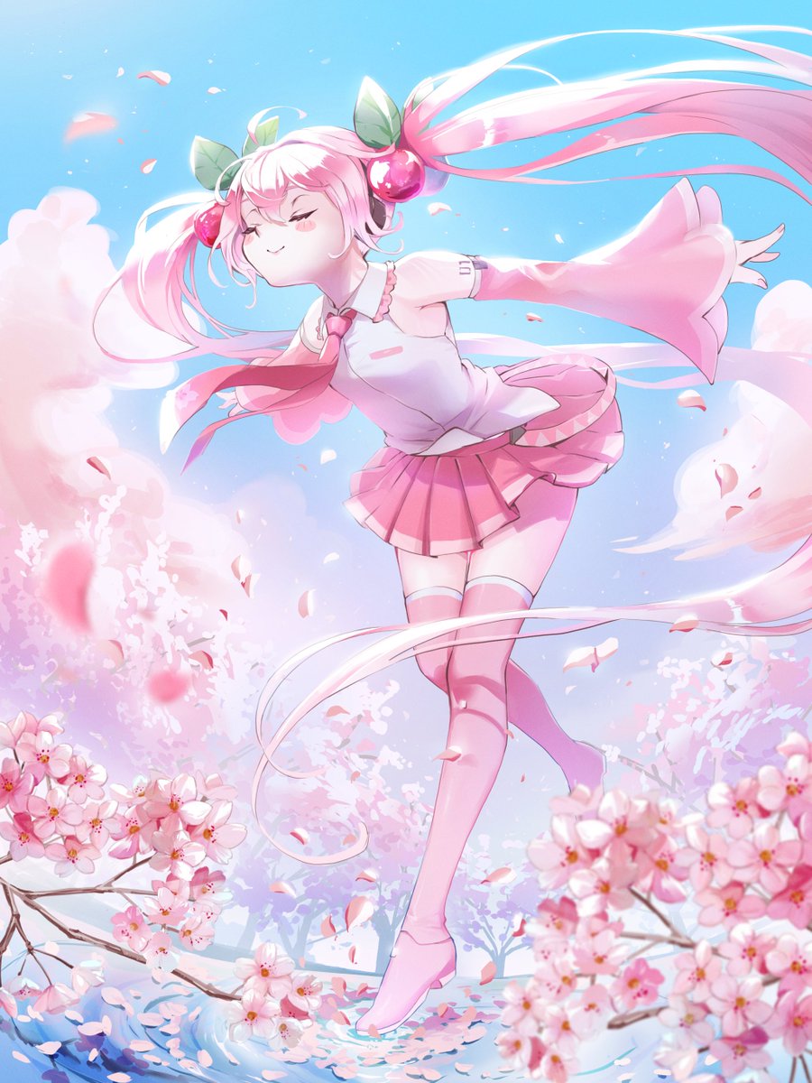 hatsune miku ,sakura miku 1girl cherry hair ornament skirt solo long hair twintails pink necktie  illustration images