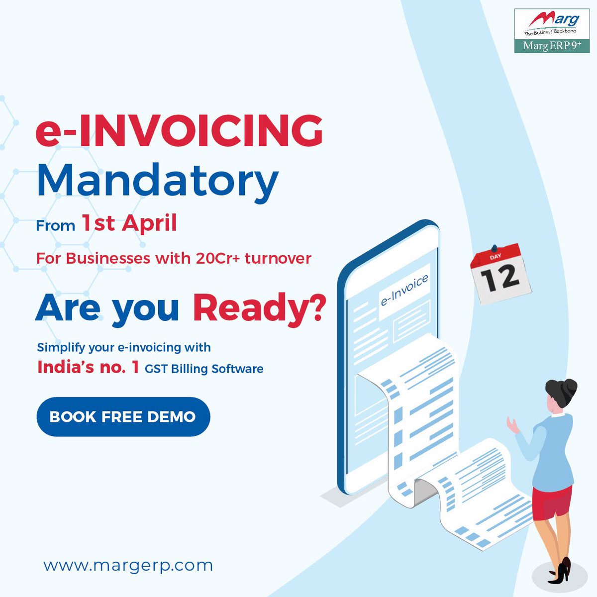 MargErpLtd's tweet photo. e-Invoicing to be mandatory for ₹ 20 crore+ turnover businesses from 1st April 2022. Are you ready?

Get Marg e-invoicing software to simplify your e-invoicing.

👉For Free Demo, Give a Miss Call @ 9999999364

#MargERP #MargGroup #NewFinancialYear #NewMargEveryday #einvoicing https://t.co/3wVrpDM54X
