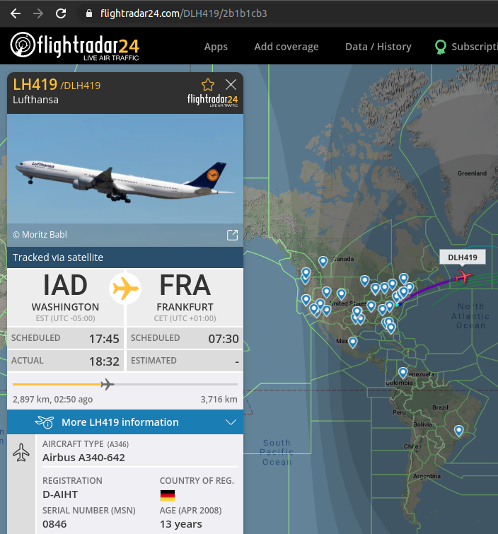 wifi_freak's tweet photo. Ui, da ist ja schon wieder ne A346 von der Lufthansa unterwegs.

#LH419

☺️ https://t.co/zlzOk4gQl7