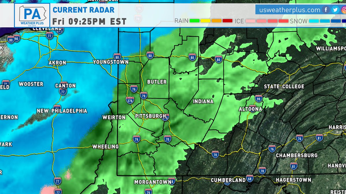 PAWeatherPlus's tweet photo. The winter storm has begun to move into the region. Portions of western Pennsylvania are currently experiencing rain showers. Rain should change over to snow over the next 1-4 hours as cold air filters in. #pawx #snow #rain #rasar https://t.co/37doNWNT9u