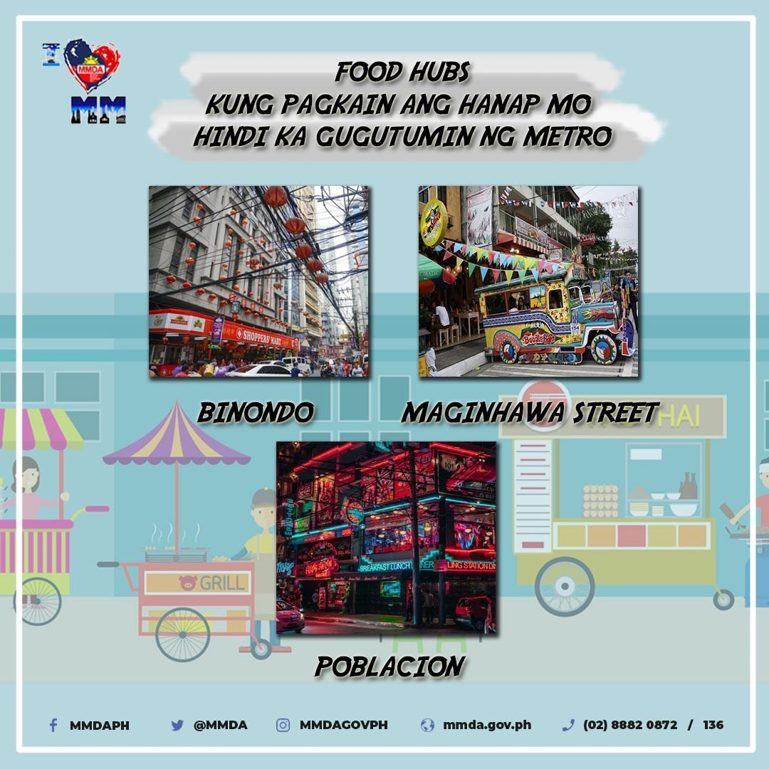 MMDA's tweet photo. Food trip ba ang hilig mo at ng iyong family and friends? Paniguradong cravings satisfied ka dito sa Metro Manila! I-practice lang ang CLAYGO o clean as you go para mapanatili ang kalinisan ng mga food hubs.
#MMDA
#ilmm
#ILoveMetroManila https://t.co/P86rqgyDBC