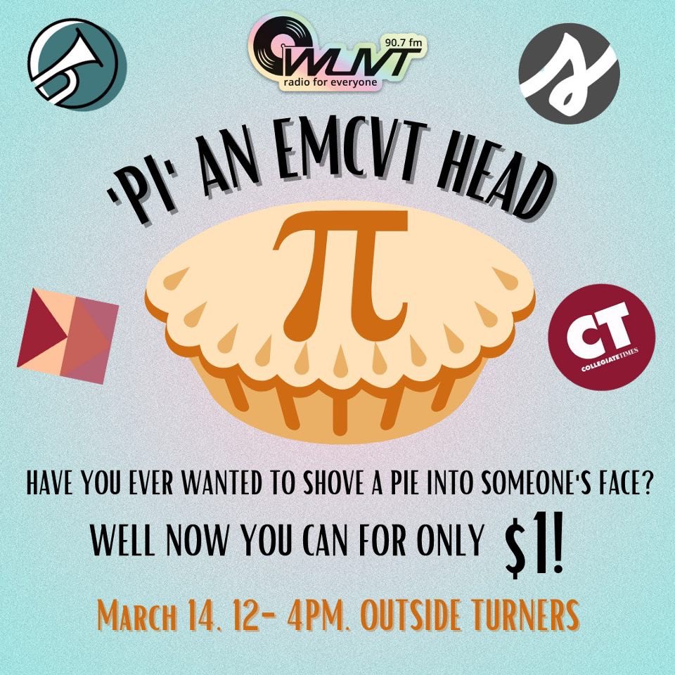 VTTV33's tweet photo. Pi Day is this Monday and EMCVT is celebrating by raising money for our organizations! 🥧 
For $1, you can *gently* slam whipped cream into one of our media head’s faces! We will be accepting payments in both cash and Venmo form. 
Be there or be square (or … circle?) https://t.co/7wR8Zz0wXH