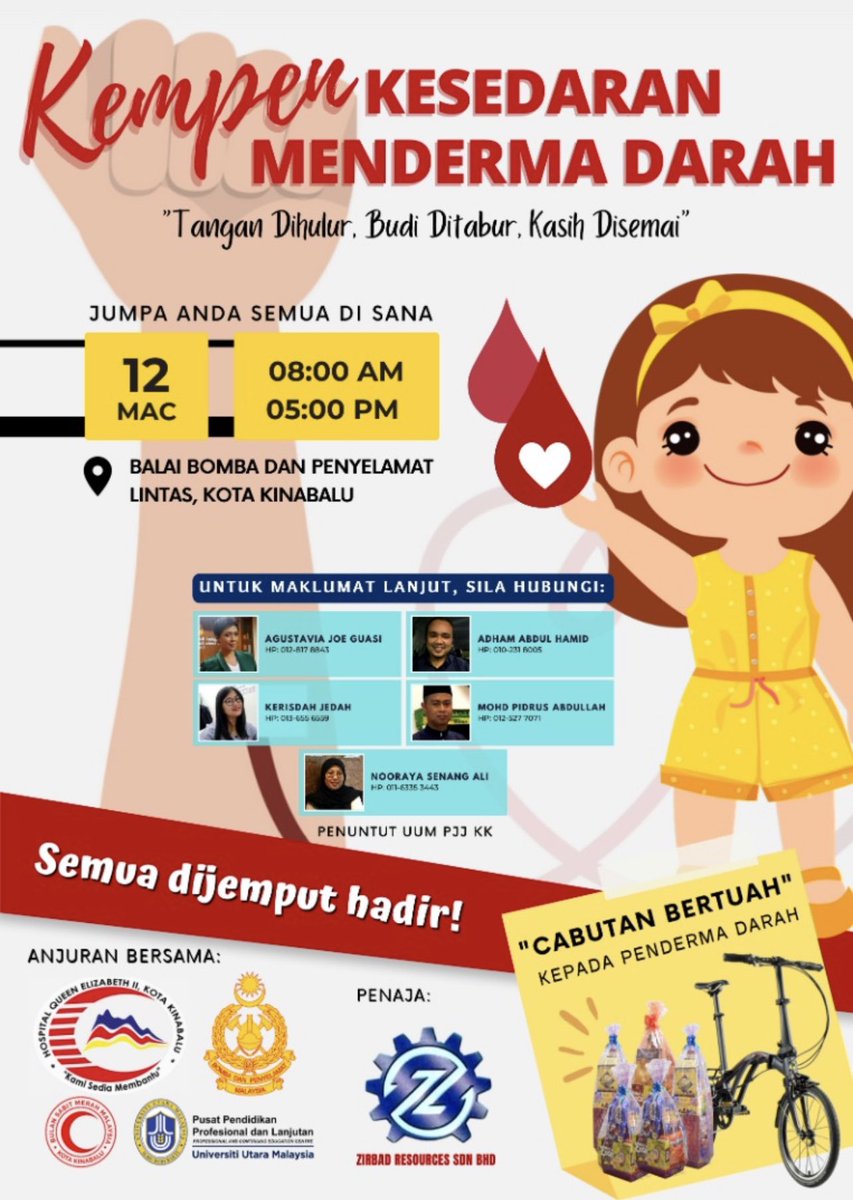 BombaSabah's tweet photo. Ayoh warga @KKCity kit derma darah.. yang special lepas derma darah kita berpeluang memenangi cabutan bertuah sebuah Basikal dan beberapa lagi hadiah. Share kepada rakan2 anda.. 

“Tangan dihukur, Budi ditabur, Kasih disemai” https://t.co/0i4HdRlpel