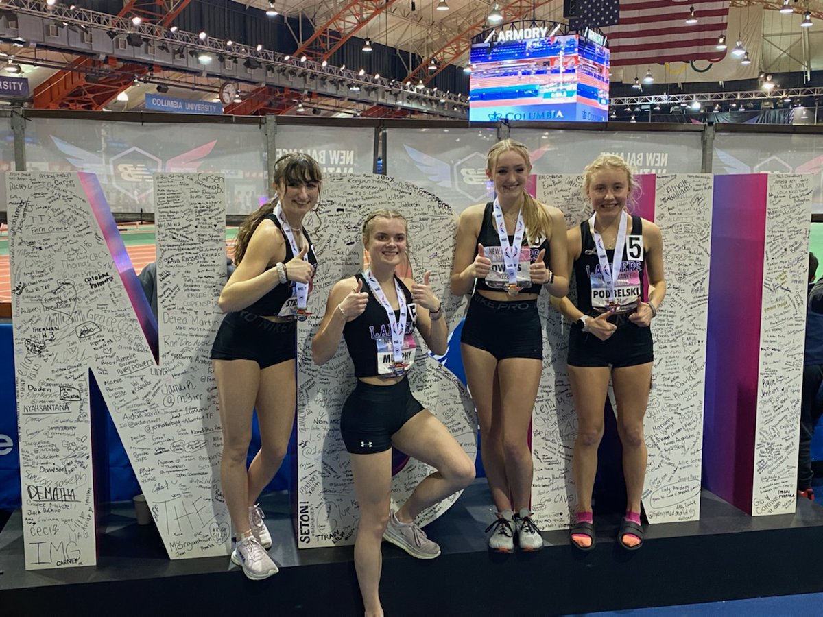 NHSLancersports's tweet photo. Girls Track competing at Nationals!! Girls Sprint Medley Relay (Owens, Strynar, Murphy, Podbelski) ran 4:16.54 to place 5th in the Rising Stars Division. Shea Podbelski ran 5:08.91 to finish 10th in the Rising Stars Mile #GoLancers 

@SunChronSports 
@NortonSchools https://t.co/EVqsUPvspJ
