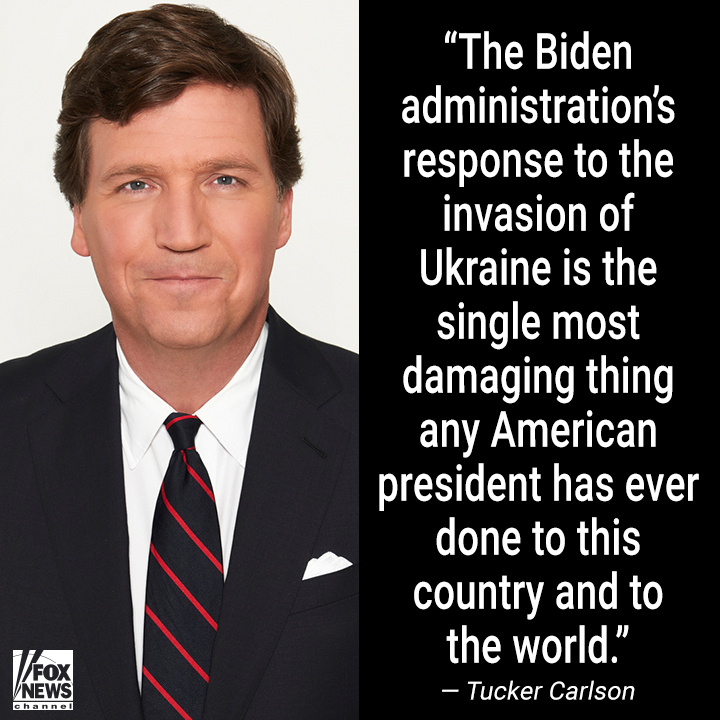 FoxNews's tweet photo. UNINTENDED TARGET: @TuckerCarlson rips into the president for implementing policies that hurt America and trying to shift the blame to Putin. https://t.co/T5NduCHrHb https://t.co/1OBJKMNfWK