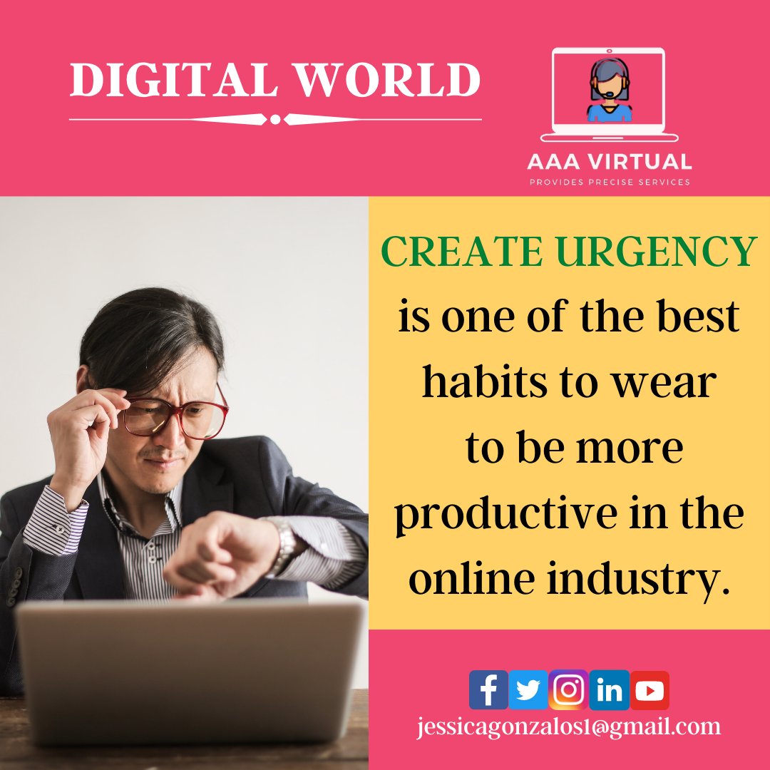JessicaGonzalos's tweet photo. My habit is to Create Urgency, resulting to be more productive in the business. Your needs will be met with urgency and your time will be held precious with a job perfectly done. ⏲️⌛ 
🌐 Visit my Website:
https://t.co/4ROBcEgeOD
#AAAVirtualWorld 
#urgent 
#productive https://t.co/kUvUmitM4k