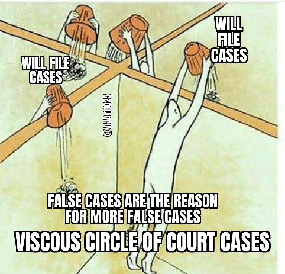 #FalseCaseDay 
FALSE CASES ARE THE REASON FOR MORE FALSE CASES. LAWMAKERS SHOULD IMPOSE STRICT PENALITIES ON PEOPLE WHO FILE FALSE CASES WITHOUT EVIDENCE. PENDENCY OF CASES AND WORKLOAD OF COURTS WILL ALSO REDUCE
<a href="/itachi_senpai1/">Catachi</a> <a href="/Ambar_SIFF_MRA/">Ambar</a> @SamiBaig80 <a href="/RidhsShah/">Live life to the fullest</a> @PriyaScifi