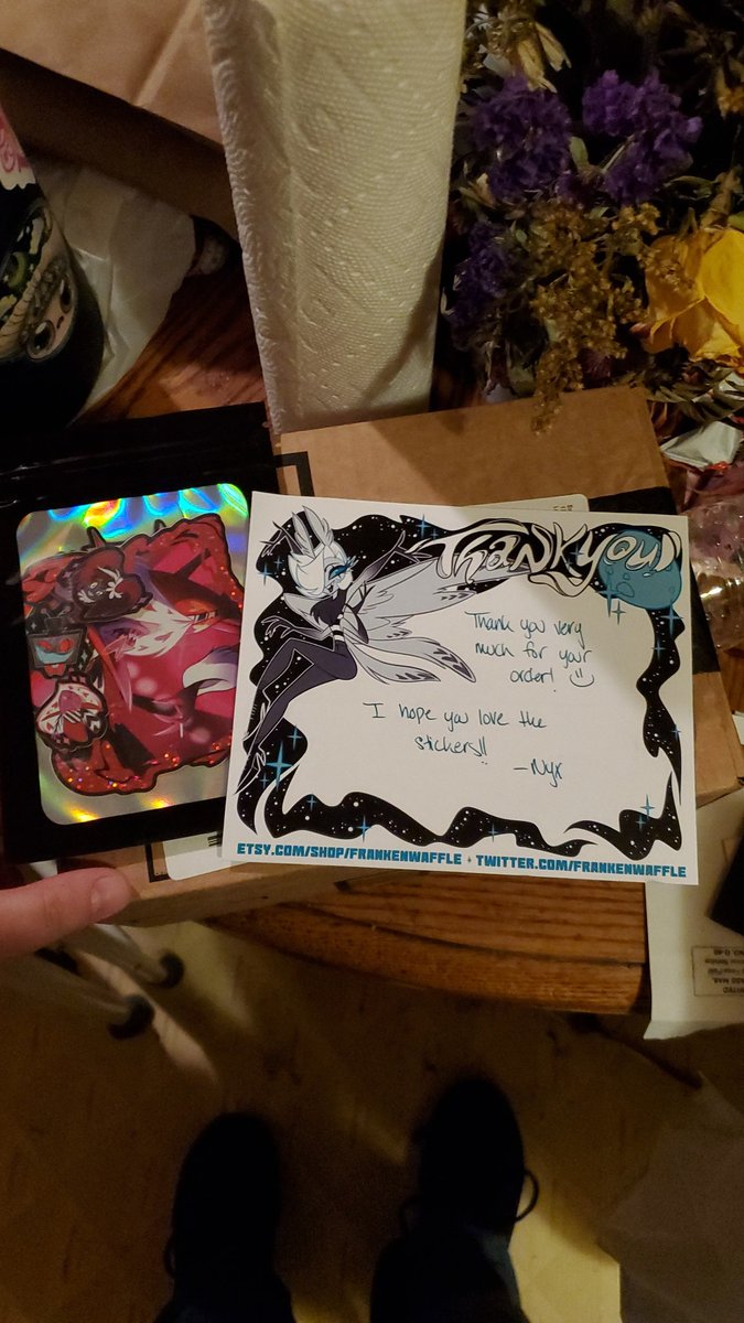 <a href="/frankenwaffle/">nyx</a> OMG!! I didn't know you did these stickers!! When I opened the letter I couldn't help but yell with excitement because I recognize your moth oc. 🤩 I love the mini Three V stickers! ❤ #HazbinHotel #Stickers