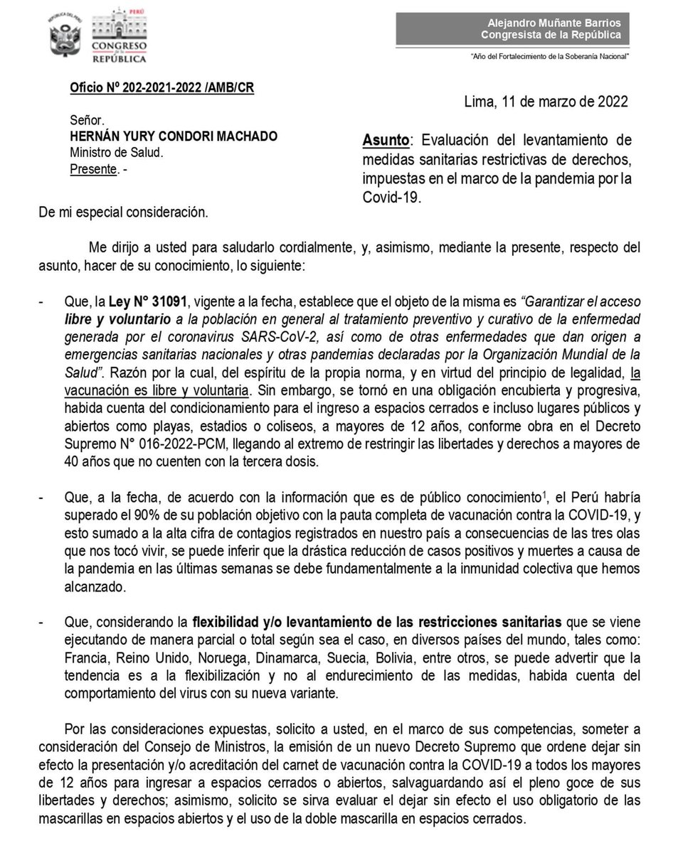 AlejoMunante's tweet photo. 🚨En el ejercicio de mi función de representación, he solicitado al ministro de Salud que, en el marco de sus competencias y dada la situación actual de la pandemia, someta a consideración del Consejo de Ministros, el levantamiento de las restrictivas medidas sanitarias.
1/3 https://t.co/hGfwwNZv4d