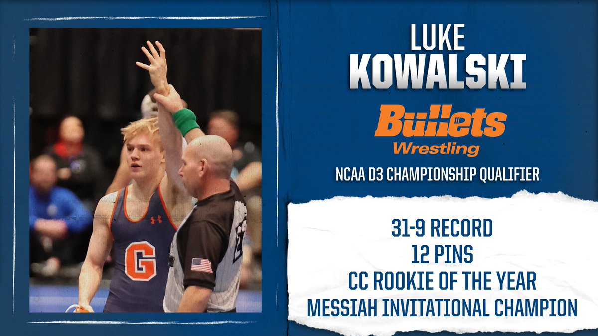 gburgbullets's tweet photo. Congrats to Luke Kowalski '24 on an outstanding season! Kowalski won his opening match at nationals before suffering two losses on Friday to close out his first collegiate campaign. @GburgWrestling #GoBullets #CCWrestle #BulletsWrestle #d3wrestle https://t.co/bJPKWPbkd5