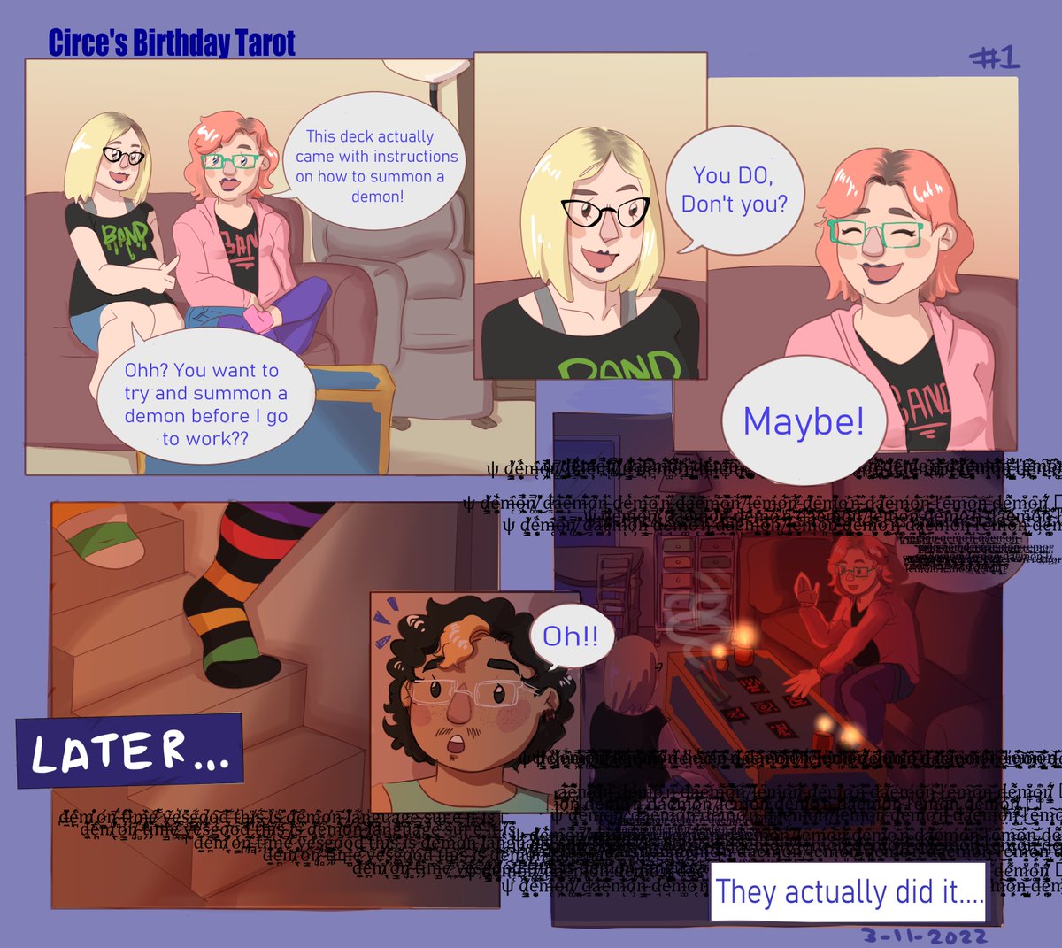 SateliteStardrp's tweet photo. This is the first of hopefully many little comics about my queer polycule and found family. I may have exaggerated a bit... but this mostly really happened!
#polyamory #polycule #queerpoly #gayartist #transartist #blackartist #queer #trans #gayart #demons #lesbians #satan #summon https://t.co/zdi2RVRtnQ
