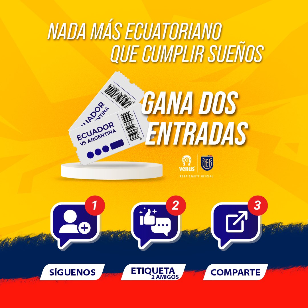 Gana 2 entradas al partido de Ecuador 🆚 Argentina, sigue estos pasos:

1️⃣ Síguenos en nuestras redes sociales 
2️⃣ Etiqueta en los comentarios a dos amigos (no aplica cuentas de famosos o marcas)
3️⃣ Comparte este post 

Y listo, estás participando 🎉

Valido del 11 al 22 de marzo
