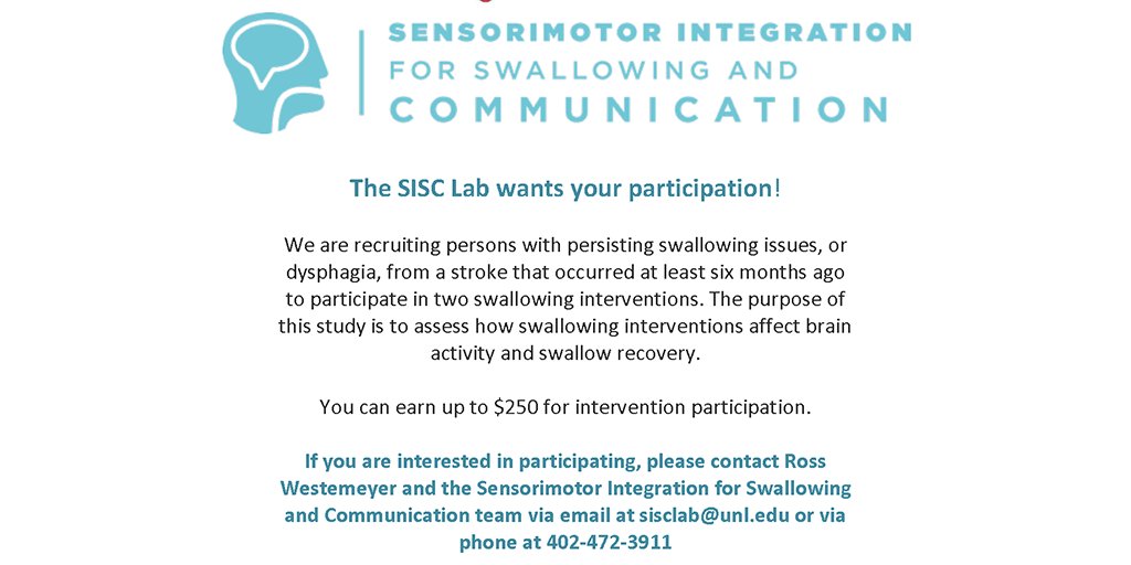 As part of his dissertation research, Ross Westemeyer is looking for individuals with persisting swallowing issues from a stroke that occurred at least 6 months ago.

Visit go.unl.edu/swallowing to learn more.

#UNL #UNLCEHS #GoBigResearch #LNK #LincolnNebraska #Nebraska