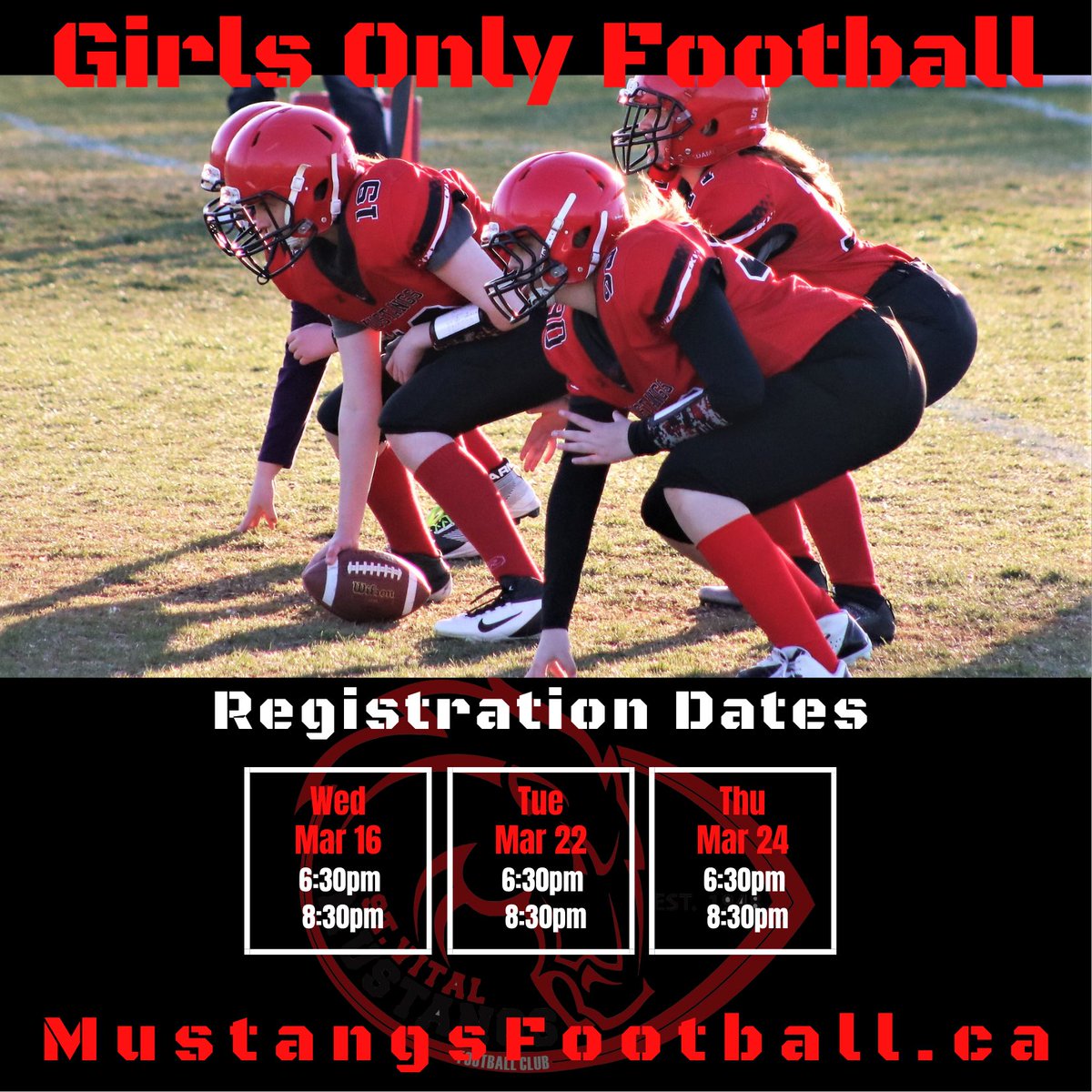 StVitalMustangs's tweet photo. Only 3 registration dates left for Girls Only Football. Don't until the last minute to register. Just come down to the St Vital Mustangs Football clubhouse on one of the following dates:

All of the registration details can be found at our website at https://t.co/pqsq3o7NOc https://t.co/Qn89S6V2VL