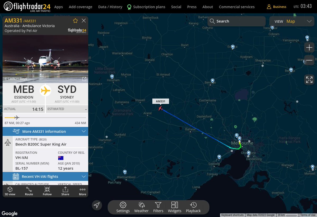Radar_Assistant's tweet photo. MULTI FR24 COURSE ALERT : At Sat Mar 12 03:42:40 2022 #AM331 from MEB to SYD is 432 nm from destination and now has a cumulative distance off course of 50nm #AvGeek #ADSB https://t.co/ZpqrGoTgVA https://t.co/dEAm4wdQC2