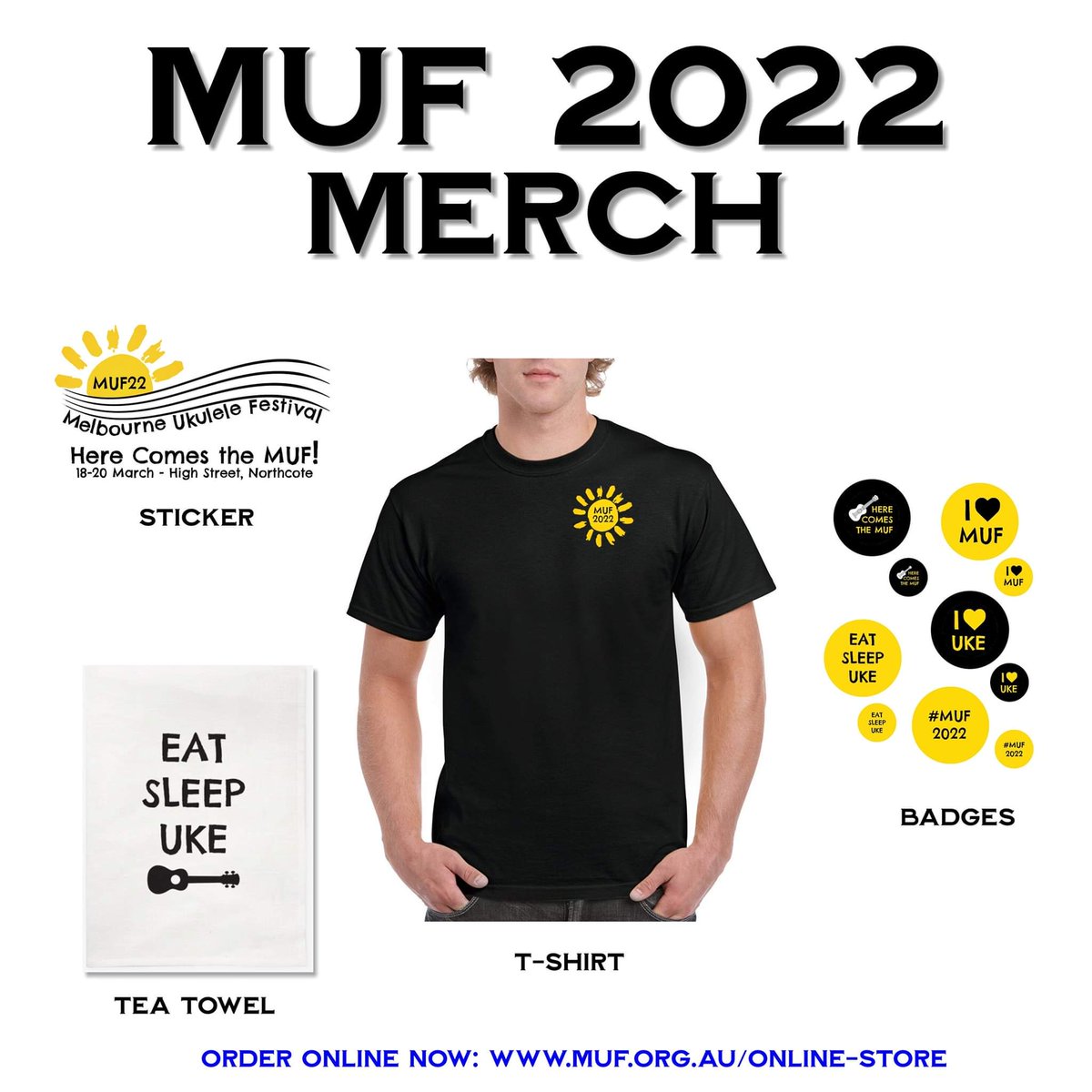 MelbUkeFest's tweet photo. Merch available online now and in-person at the Festival HUB at Chalice and both concerts at the festival, incl T-shirts, tea towels, buttons and stickers!

Order online now for pickup at the festival: 

https://t.co/QOCG1O2ik8

#MUF2022 #ukulele #melbukefest2022 #festival https://t.co/jUJTwQR1pS