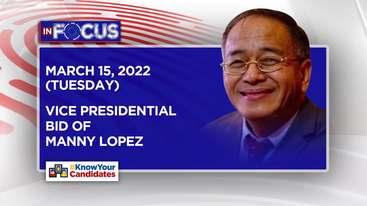 ANCALERTS's tweet photo. Catch vice presidential aspirant Manny Lopez on Dateline Philippines on Tuesday, March 15. Send your questions using the hashtag #ANCInFocus. #Halalan2022
Watch previous interviews with presidential and vice presidential candidates here: https://t.co/0ladtw9VL8 https://t.co/KzjklqoSg5