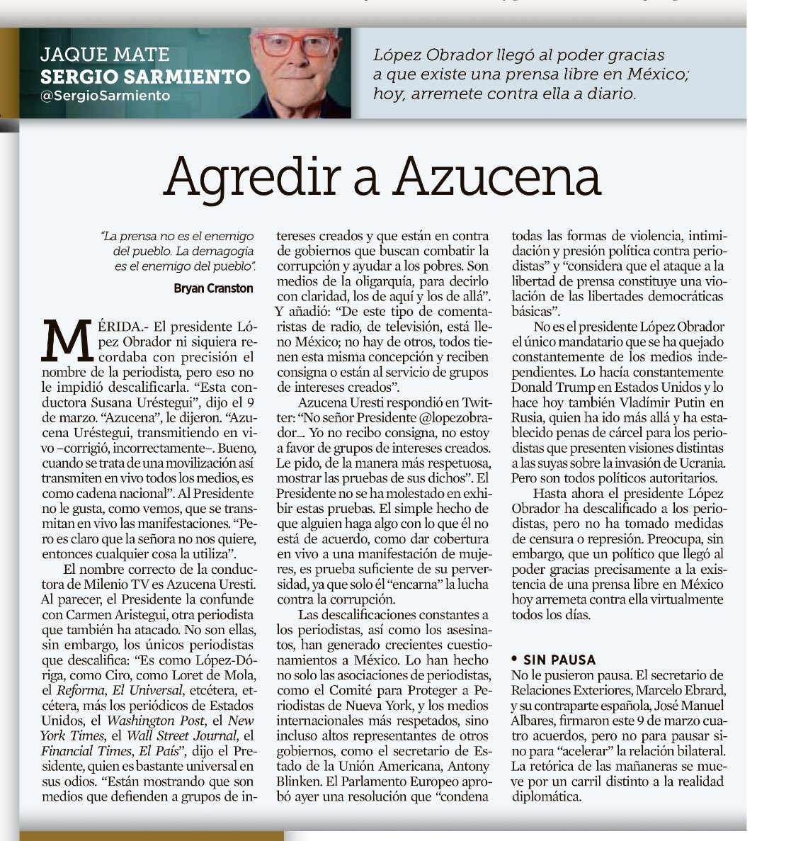 JLozanoA's tweet image. Antes de que termine el día, no dejen de leer a @SergioSarmiento en @Reforma en defensa de @azucenau y de la libertad de expresión y la libertad de prensa. Es un miserable.