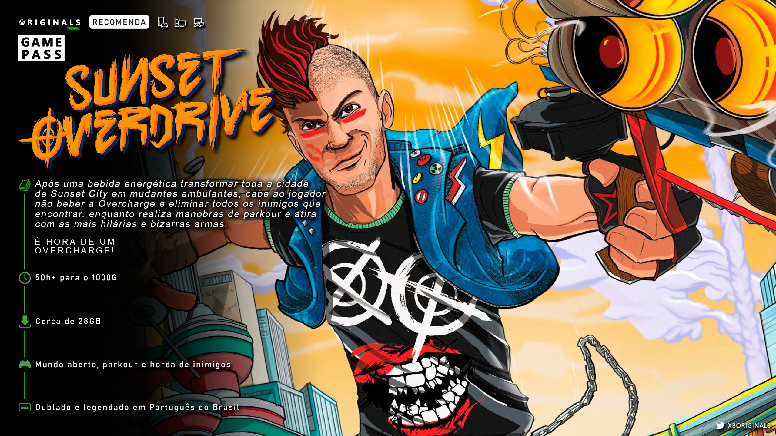 Xbox Originals on X: #OriginalsRecomenda Sunset Overdrive é frenético,  colorido e divertido. Enfrente centenas de mutantes ODs e robôs da FizzCo  enquanto faz manobras radicais nos prédios de Sunset City. Disponível  exclusivamente