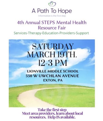 Mental Health Resource Fair 40 providers and services represented. Start on your path to mental wellness. Free to attend! #dasd #chestercounty