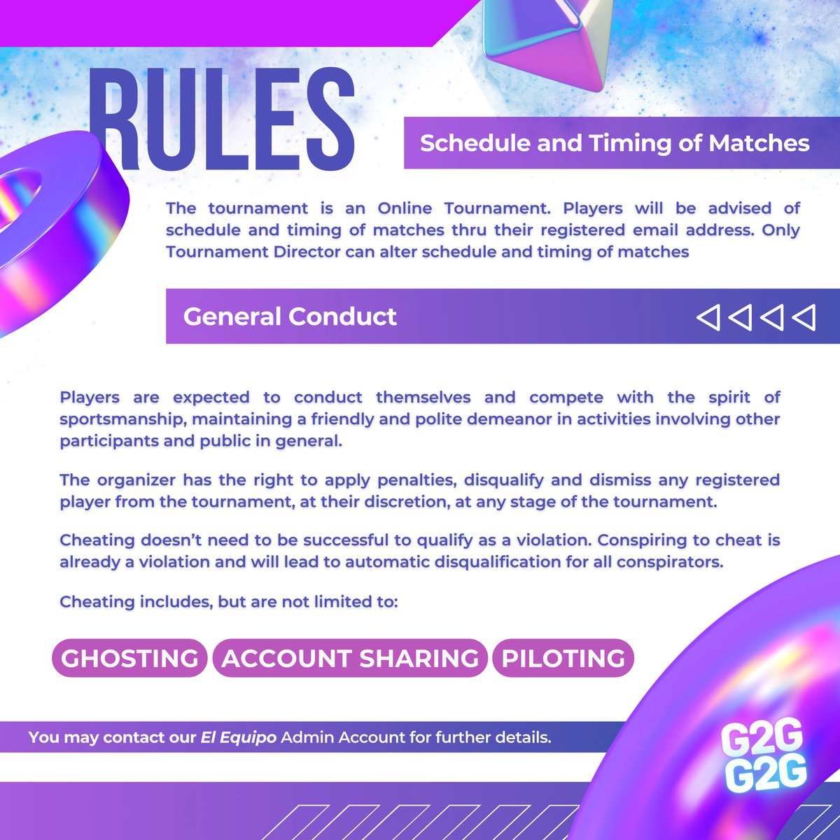 Game2Give2021's tweet photo. Tournament Rules 📣

Before we start the first day of Game2Give’s ML Tournament 🎮, please take note of our match rules. ✍️

⏰ Games will begin around 2 pm this Afternoon as our new schedule. Play fairly and be sure to give it your all! 🔥

#Game2Give https://t.co/67d9BqW358