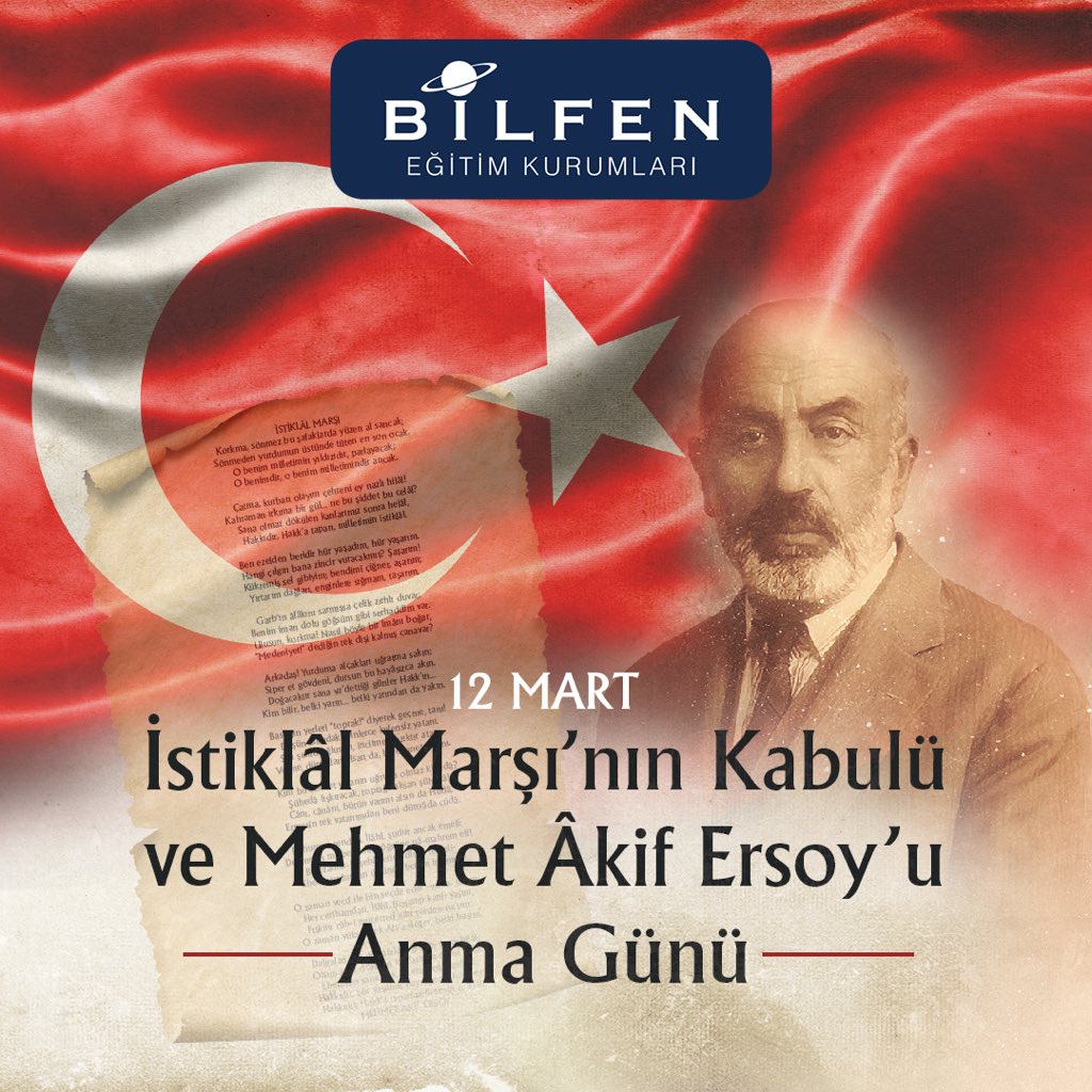 Bilfen's tweet photo. Mehmet Akif’in yüreğinden kalemine damlayan İstiklal Marşı; kabul edilişinin 101. yılında ve sonsuza kadar, Türk milletinin istiklali haykırışı olmaya devam edecektir. Türk milletine bu marşı hediye eden Mehmet Akif Ersoy’u bir kez daha saygıyla anıyoruz.

#bilfen #istiklalmarşı https://t.co/jGxymGr183