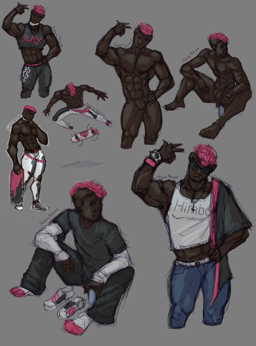 FThevoo's tweet photo. The #himbo #artchallenge is complete and his name is Salem! These are the sketches I have so far, I'll make a ref sheet soon!
#emo #fohawk #RedViolet #DarkBrown #GoldenEyed #5foot4 https://t.co/1OfcwNW28t