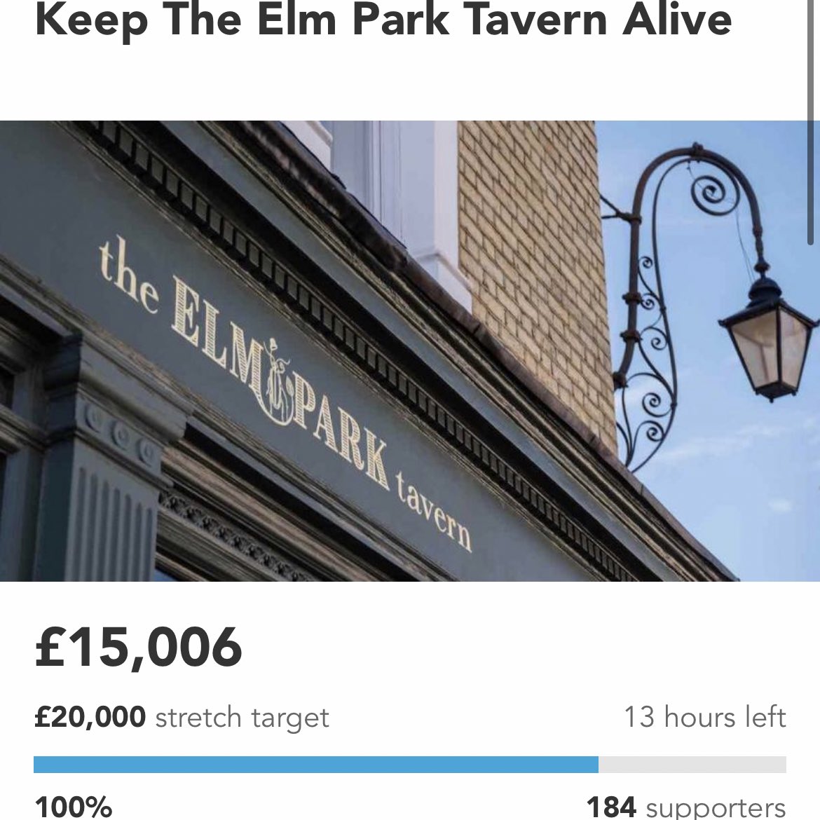 benkind's tweet image. Pleased to see that the Elm Park Tavern, with the help of a grant from Lambeth Council we helped secure, has reached the threshold on its Crowdfunder to allow it to cover the costs of repeated lockdowns after they said “Government support… has not been enough to keep us going.”