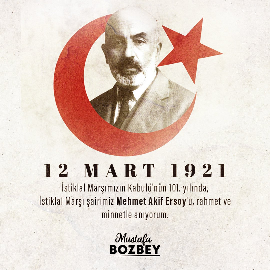 Bağımsızlık mücadelemizin en önemli sembollerinden olan #İstiklalMarşımızın kabulünün 101. yılında, milli şairimiz Mehmet Akif Ersoy'u, Gazi Mustafa Kemal Atatürk ve silah arkadaşlarını, ve tüm Milli Mücadele kahramanlarını rahmet ve minnetle anıyorum.