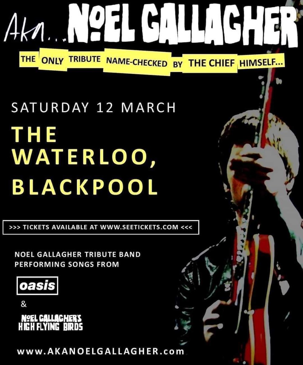 AKANoelG's tweet photo. BLACKPOOL
Tonight we return to the fantastic Waterloo Music Bar to play over two hours of Noel's songs, both Oasis & High Flying Birds.
Remaining tickets are available at https://t.co/YC1Kt5L4VB
👍✂️😎
#AKANoelGallagher #TheWaterloo #Blackpool #NoelGallagher #Oasis #NGHFB https://t.co/fWgyx8qIqd