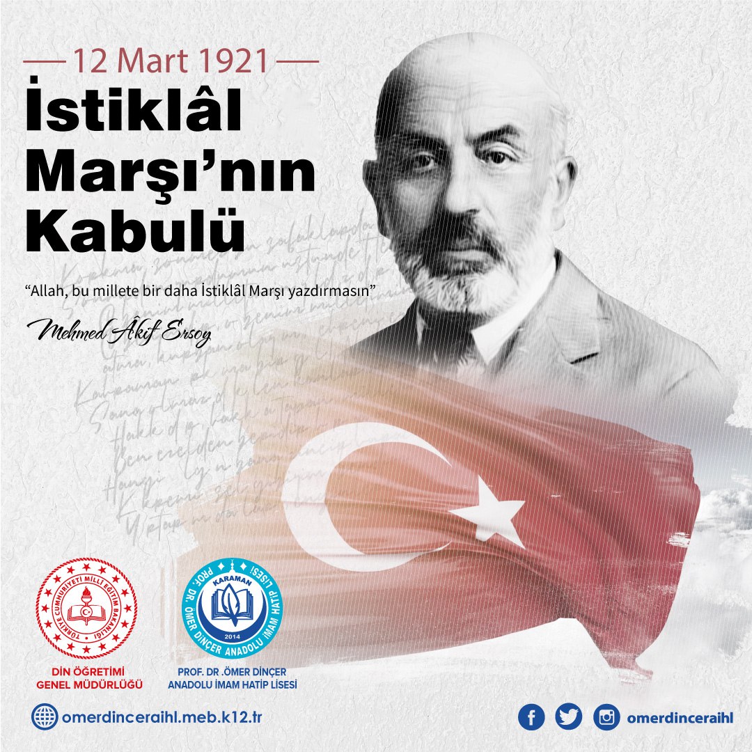 İstiklâl Marşımızın kabulünün 101. yıl dönümü kutluyor, vatan şairimiz #MehmetAkifErsoy'u ve tüm şehitlerimizi saygı ve rahmetle anıyoruz. 
#İstiklalMarsı