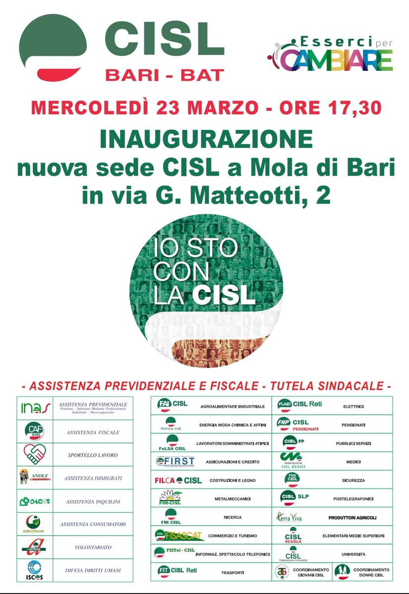 cisl_bari's tweet photo. #savethedate Mercoledì 23 marzo inauguriamo la nuova sede Cisl Bari a #MoladiBari. Vi aspettiamo ore 17.30 #sempreinmovimento #noncifermiamomai https://t.co/ufsCwYD8is