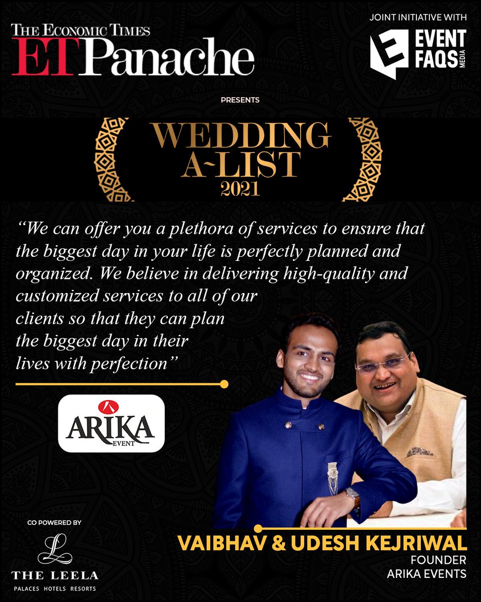 EVENTFAQS's tweet image. Be prepared to be amazed as top wedding planners from India, the epitome of perfection are showcased in ET Panache Wedding A-list Magazine. @ETPanache

Entry by invitation only. priya@eventfaqs.com

#Eventfaqs #WeddingBusiness #WeddingPlanner #ETPanache #Leelahotels #WeddingAList