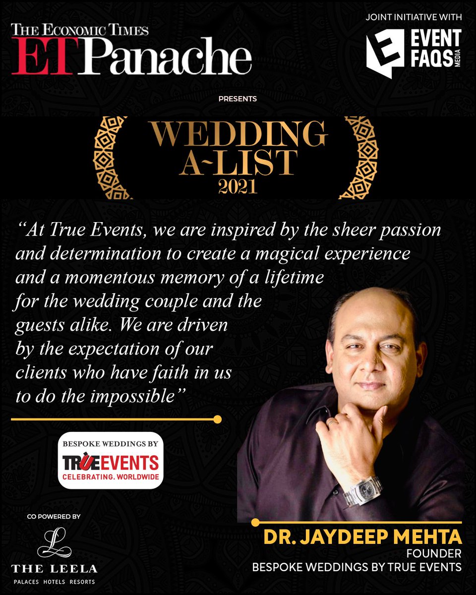 EVENTFAQS's tweet image. Be prepared to be amazed as top wedding planners from India, the epitome of perfection are showcased in ET Panache Wedding A-list Magazine. @ETPanache

Entry by invitation only. priya@eventfaqs.com

#Eventfaqs #WeddingBusiness #WeddingPlanner #ETPanache #Leelahotels #WeddingAList