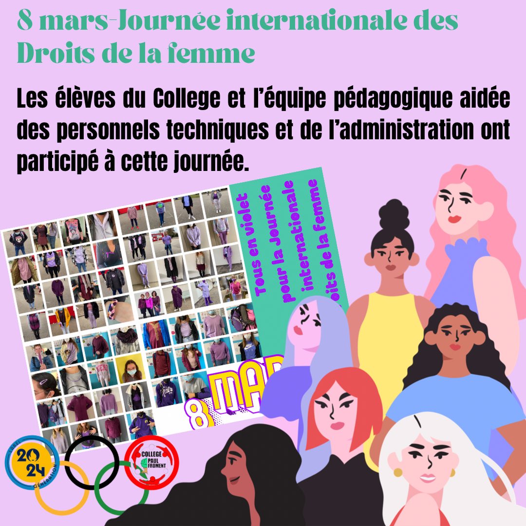 CollegeFroment's tweet photo. 💜Le 8/03, tout le collège s’est mobilisé autour de la Journée internationale des droits de la femme avec des actions diverses: exposition, défi couleur, cours sur ce thème, affichage dans la cantine et atelier jeux de société @AcBordeaux #égalitéfillegarçon #8mars https://t.co/tVYMrpDl3o