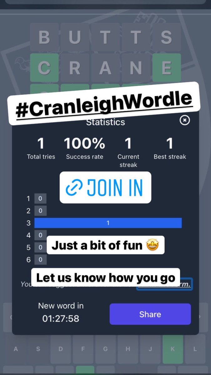 We know you love Wordle and all the spin offs. (Often the first thing the boys do on their iPads before callover each morning)

So last night, Mr Bradley created a special Cranleigh version!👨‍💻

We need your ideas for words, and a catchy Wordle like name!

wordle.cranleigh.school