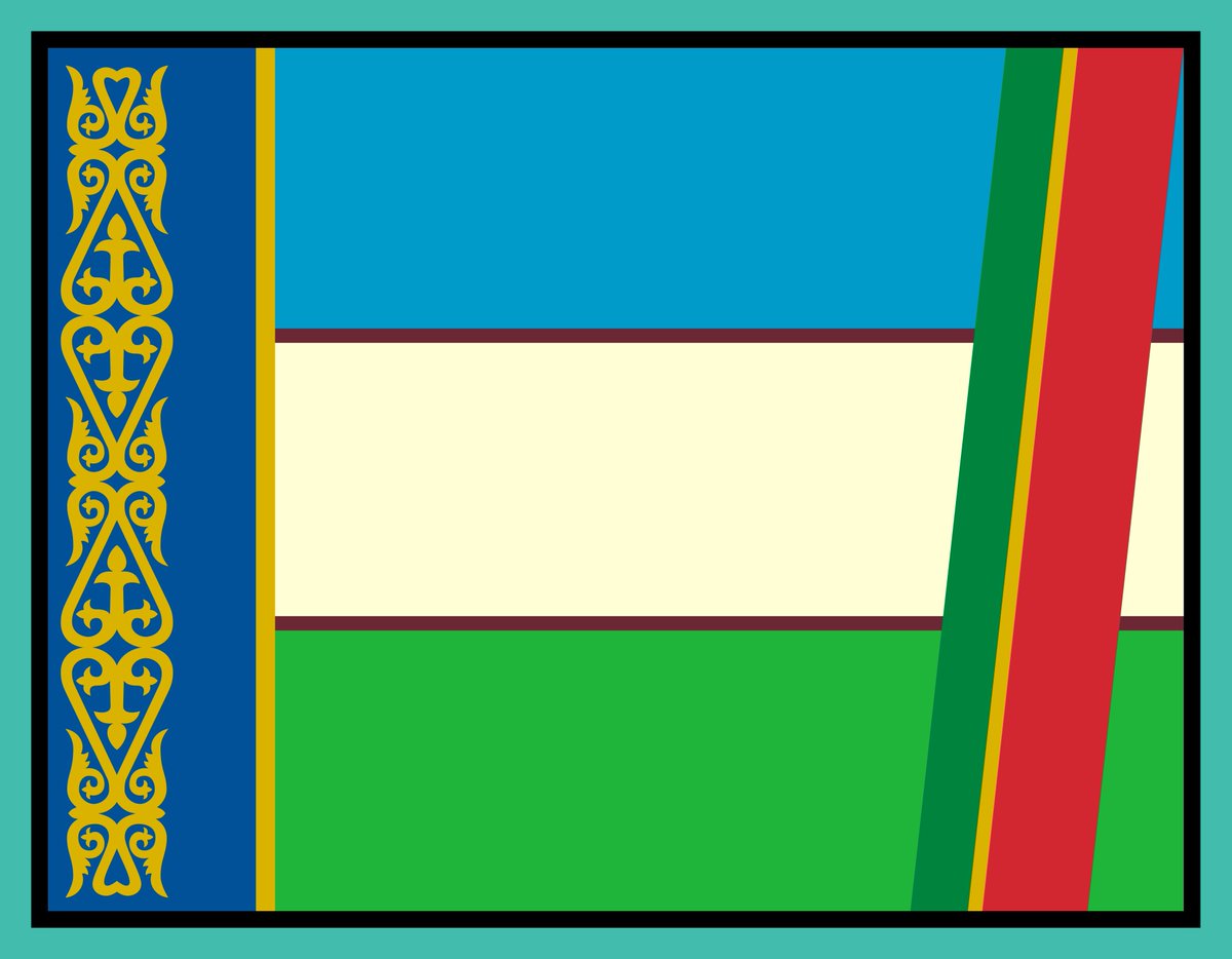 Distr_to_Yonder's tweet image. ≪構成国旗①：北オ゛ェｼﾞｭルニョェーッ連邦旗≫
紋章付きの公式旗と紋章なしの市民旗。碧雲氏を象徴する碧色の枠に、ホイスト側に藍地に金の紋様。金のフィンブリエーションをはさんで天空の水色、山の石肌の薄褐色、草原の黄緑色の横三色旗。

700:899という微妙な変態比率。