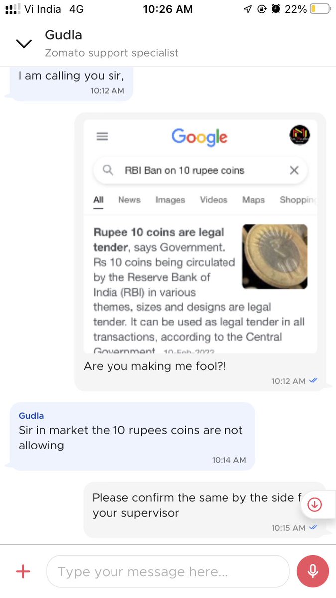 RajendraPower00's tweet photo. @zomato : 10 rupee coins ban by RBI. 
@RBI @INCIndia @narendramodi @palkisu @WIONews https://t.co/qpoxdrxu2m