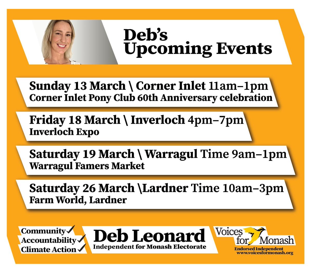 debleonard's tweet photo. Come and meet me! I want to know the issues that are important to you.
#Deb4Monash #Monash #MonashVotes #Independent #VoicesFor https://t.co/kuklWo1yKQ