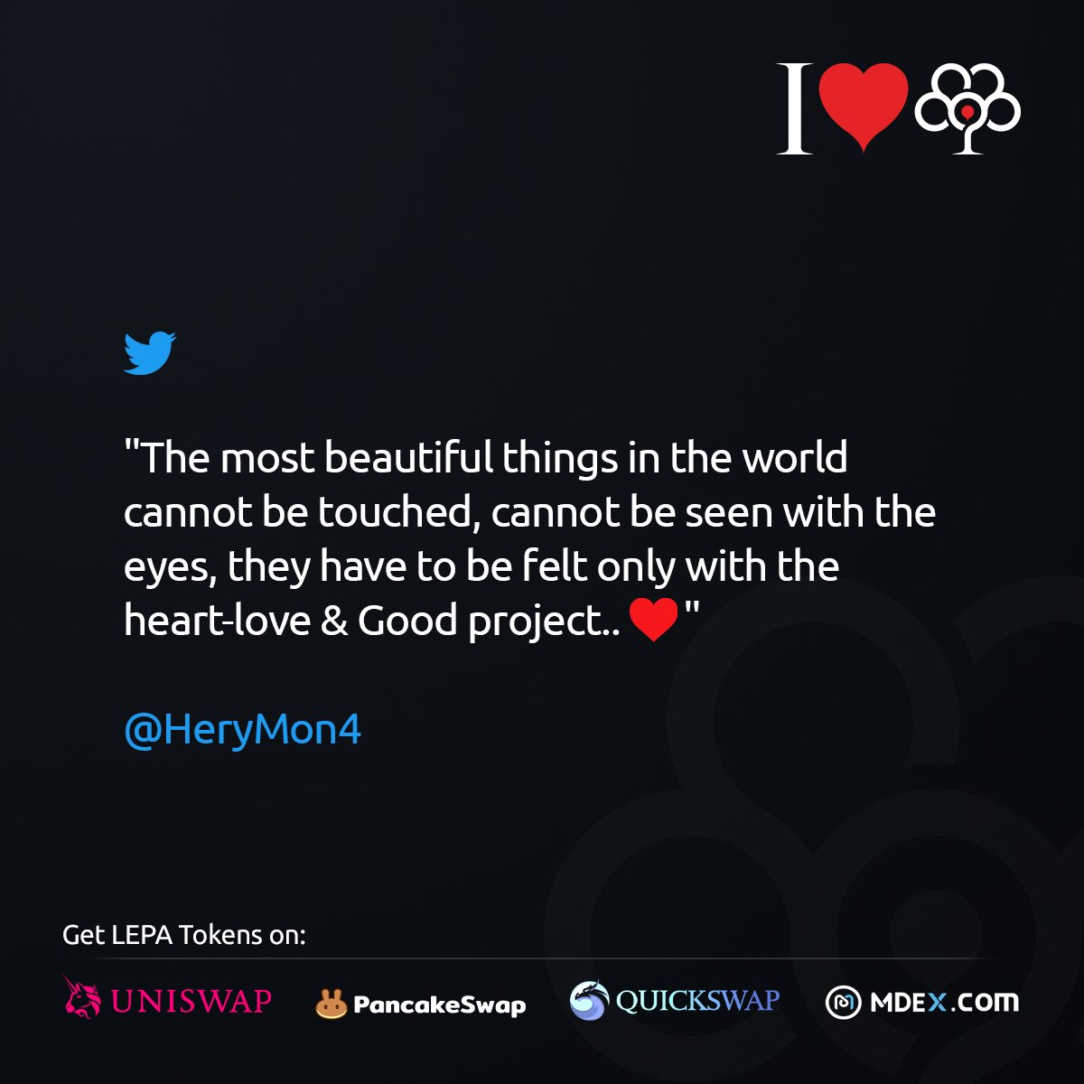 Lepasaorg's tweet photo. "The most beautiful things in the world cannot be touched, cannot be seen with the eyes, they have to be felt only with the heart-love &amp; Good project..♥️"

@HeryMon4 

#Lepasa ❤️ You

#lepa #lepatoken #Lepasa #NFT #NextGenNFTs #Lepaverse #NFTCommunity #NFTProject #LepasaNFT https://t.co/x9GdgVlVBB