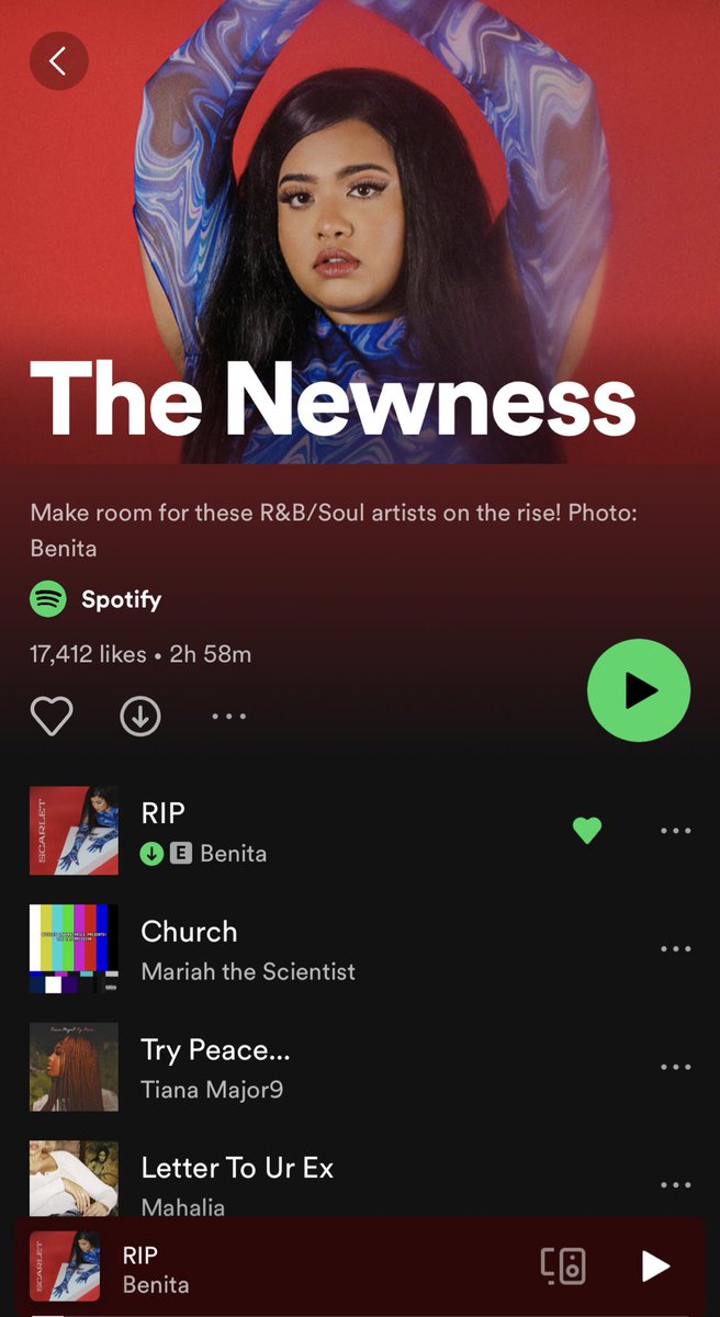 sheisbenita's tweet photo. What a day it’s been… found out I was on 3 playlist covers. I’m really about to scratch off things on my 2022 goals list. Worked so hard for these moments, truly worth every sweat and tear. Scarlet EP out now ♥️🥺 @SpotifyCanada @Spotify #TheNewness #RippleEffect https://t.co/8sqeG6lsR1